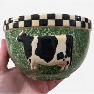 Sakura Oneida Warren Kimble Cow Green Ceramic Hand Painted Bowl Barnyard Animals